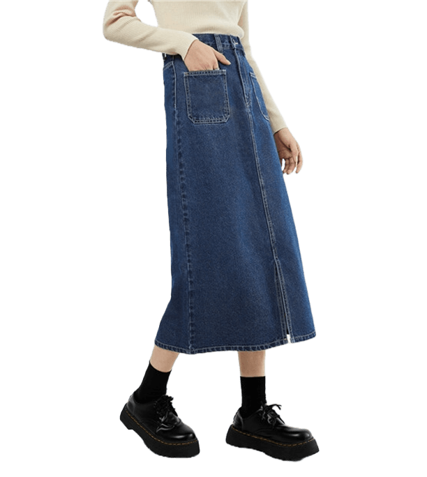 Denim midi skirt worn, side view
