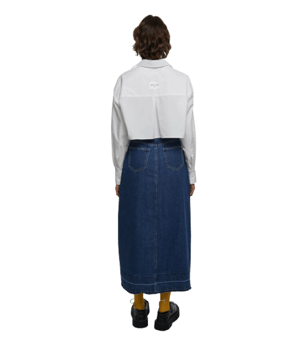 Denim midi skirt worn, back view