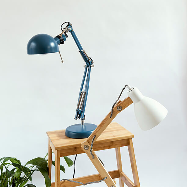 Desk lamp on a wooden stool